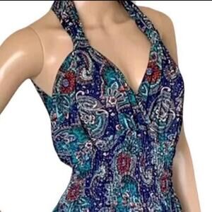 Navy Blue Red Green Paisley Halter Midi Dress Boho Hippie Chic Vacation One Size